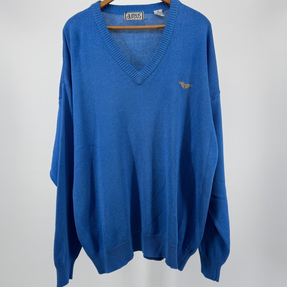 Vintage‎ Aureus Mens Blue Pullover V-Neck Knit Sweater Cotton Blend Size XL